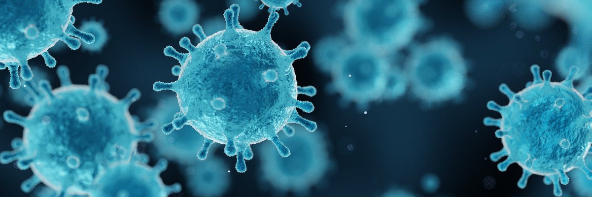 Coronaviren schweben symbolisch auf blauen Untergrund
