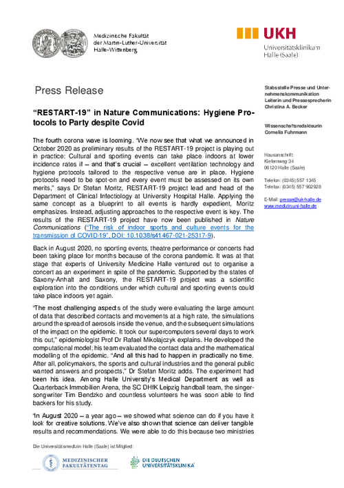 Press release ("'RESTART-19' in Nature Communications: Hygiene Protocols to Party despite Covid") as PDF for download